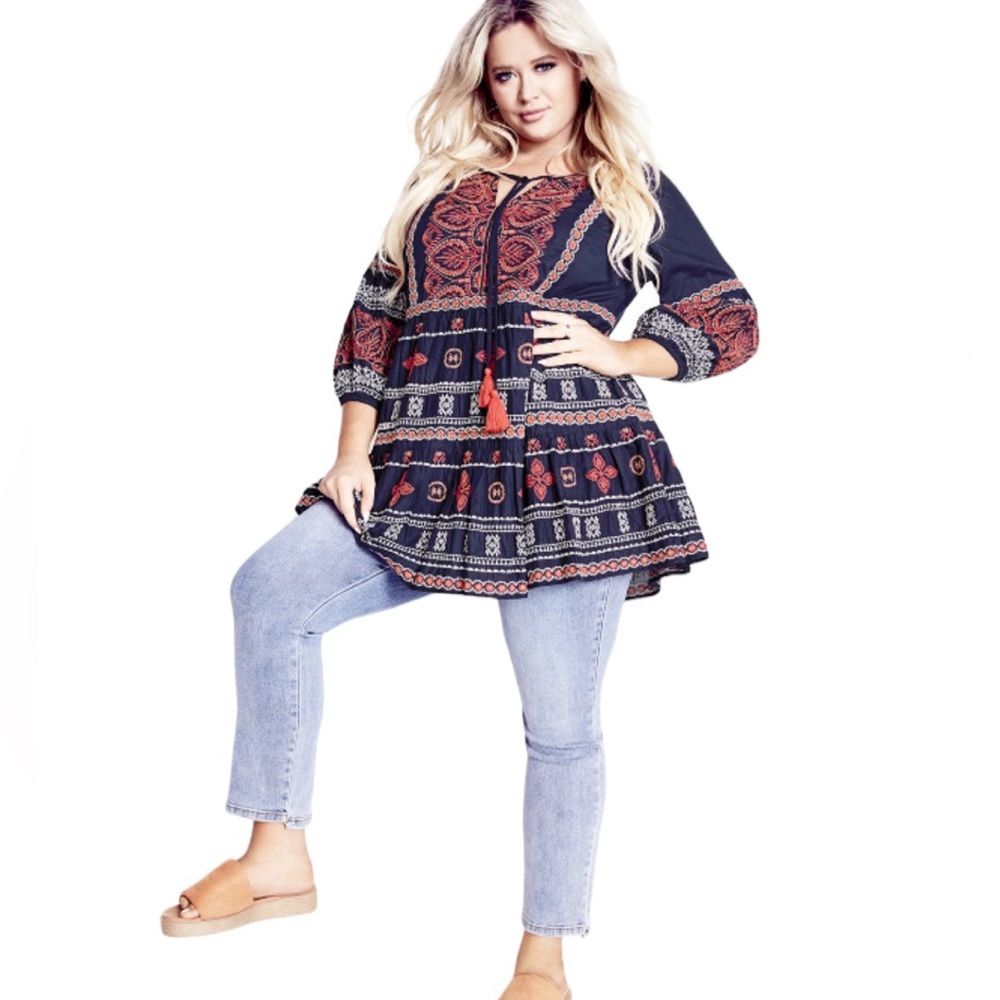 Aveology Holly Embroidery Tunic Dress In Navy 100% Cotton